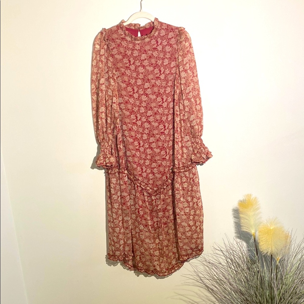 Saints‎ + Secrets High Neck Chiffon Ruffle Dress in burgundy and cream